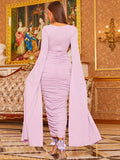 Draped Sleeves Ruched Lilac Midi Party Dress