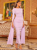 Draped Sleeves Ruched Lilac Midi Party Dress