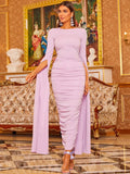 Draped Sleeves Ruched Lilac Midi Party Dress