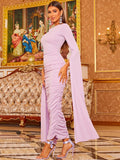 Draped Sleeves Ruched Lilac Midi Party Dress