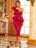 Burgundy Ruffle One Shoulder Peplum Pencil Dress