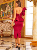 Burgundy Ruffle One Shoulder Peplum Pencil Dress