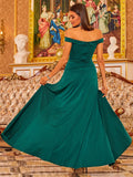 Green Off-Shoulder Evening Gown with High Slit
