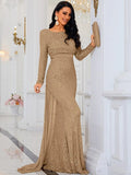 Flattering Long Sleeves Gold Sequin Evening Dress