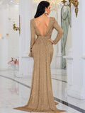 Flattering Long Sleeves Gold Sequin Evening Dress