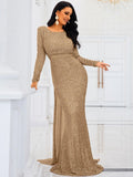 Flattering Long Sleeves Gold Sequin Evening Dress