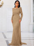 Flattering Long Sleeves Gold Sequin Evening Dress