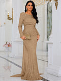 Flattering Long Sleeves Gold Sequin Evening Dress