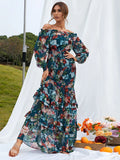 Ruffled Hemline Long Sleeves Off-the-Shoulder Floral Dress