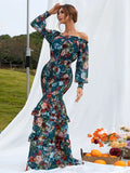 Ruffled Hemline Long Sleeves Off-the-Shoulder Floral Dress