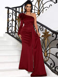 Rose Long Train One-Shoulder Burgundy Party Dress