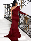 Rose Long Train One-Shoulder Burgundy Party Dress