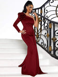 Rose Long Train One-Shoulder Burgundy Party Dress