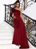 Rose Long Train One-Shoulder Burgundy Party Dress
