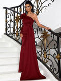 Rose Long Train One-Shoulder Burgundy Party Dress
