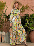 Chic Long Sleeve Maxi Dress with Artistic Floral Patterns