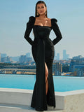 Puff Sleeves High Slit Black Party Dress