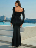 Puff Sleeves High Slit Black Party Dress