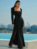 Puff Sleeves High Slit Black Party Dress