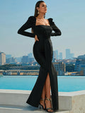 Puff Sleeves High Slit Black Party Dress