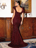 Ruffle Shoulder Burgundy Sequin Party Dress