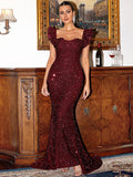 Ruffle Shoulder Burgundy Sequin Party Dress