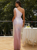 Dazzling Beaded One-Shoulder Pink Sequin Dress with Slit