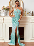 Asymmetrical Aqua Blue High Slit Sequin Party Dress