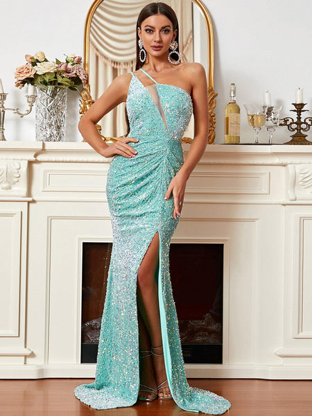 Asymmetrical Aqua Blue High Slit Sequin Party Dress