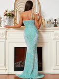 Asymmetrical Aqua Blue High Slit Sequin Party Dress
