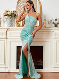 Asymmetrical Aqua Blue High Slit Sequin Party Dress