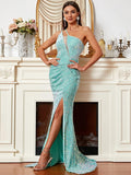 Asymmetrical Aqua Blue High Slit Sequin Party Dress