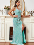 Asymmetrical Aqua Blue High Slit Sequin Party Dress
