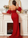Puff Sleeves High Slit Red Off-Shoulder Sequin Dress