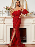 Puff Sleeves High Slit Red Off-Shoulder Sequin Dress