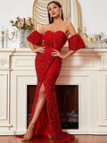 Puff Sleeves High Slit Red Off-Shoulder Sequin Dress