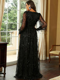 Long Sleeves Satin Belt Champagne Sequin Dress