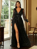 Long Sleeves Satin Belt Champagne Sequin Dress