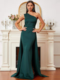 One Shoulder Green Floor-Length Train Evening Dress