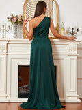 One Shoulder Green Floor-Length Train Evening Dress
