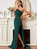 One Shoulder Green Floor-Length Train Evening Dress