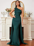 One Shoulder Green Floor-Length Train Evening Dress