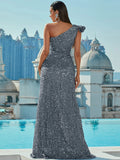 Silver One-Shoulder Sequin Evening Dress