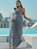 Silver One-Shoulder Sequin Evening Dress