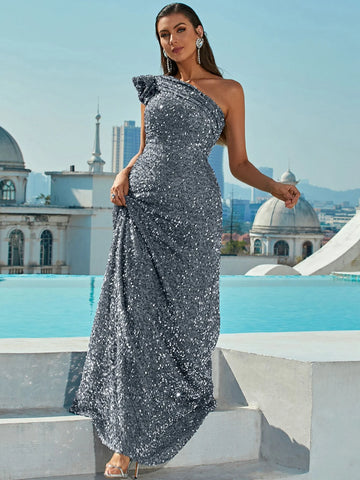 Silver One-Shoulder Sequin Evening Dress