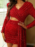 Long Sleeve Burgundy Sequin Cut Out Mini Party Dress