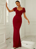 Floral Appliqués Sheer Panel Red Floor-Length Party Dress