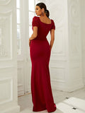 Floral Appliqués Sheer Panel Red Floor-Length Party Dress
