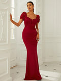 Floral Appliqués Sheer Panel Red Floor-Length Party Dress