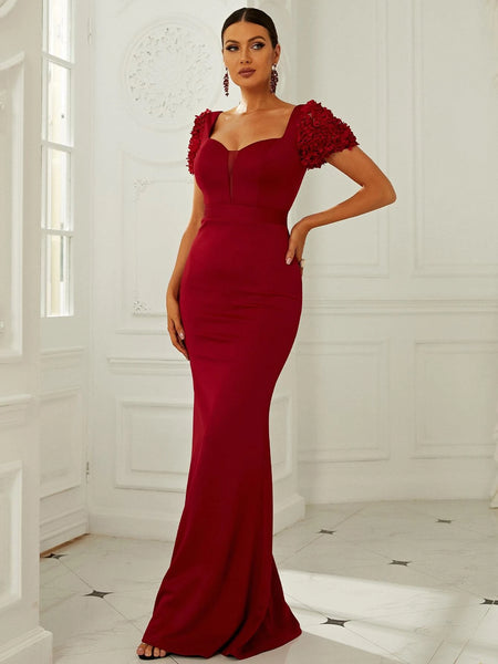 Floral Appliqués Sheer Panel Red Floor-Length Party Dress